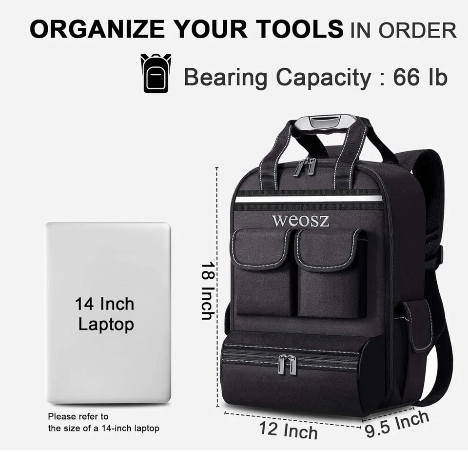Bolsa Mochila Herramientas, Mochila Electricista Duradera Tiene Capacidad 66LB HVAC / Impermeable  Foto 2 de 4