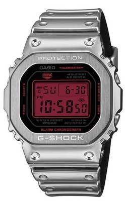 Casio G-Shock GM5600YRA-8 Stainless Steel Bezel Black and Red Dial