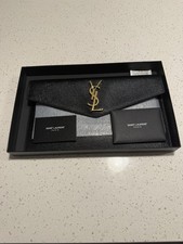 Saint Laurent Black Envelope Clutch Gold Hardware Logo Magnetic Closure Designer