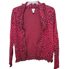 Chico's Cotton Red Leopard Print Open Front Cardigan with Fringe Size 2 Large