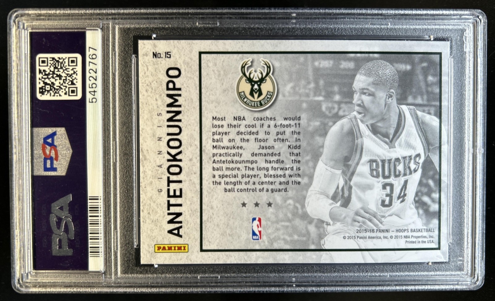 2015-16 Panini Hoops Giannis Antetokounmpo Picture Perfect #15 Bucks PSA 9 view 2