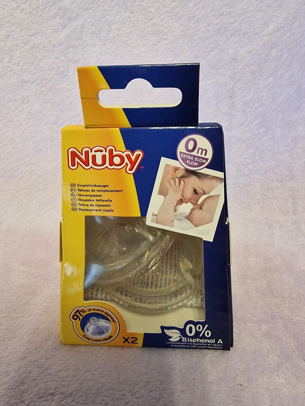 2-Pack Nuby Replacement Nipple Extra Slow Flow Natural Silicone 0+ Months ID0018