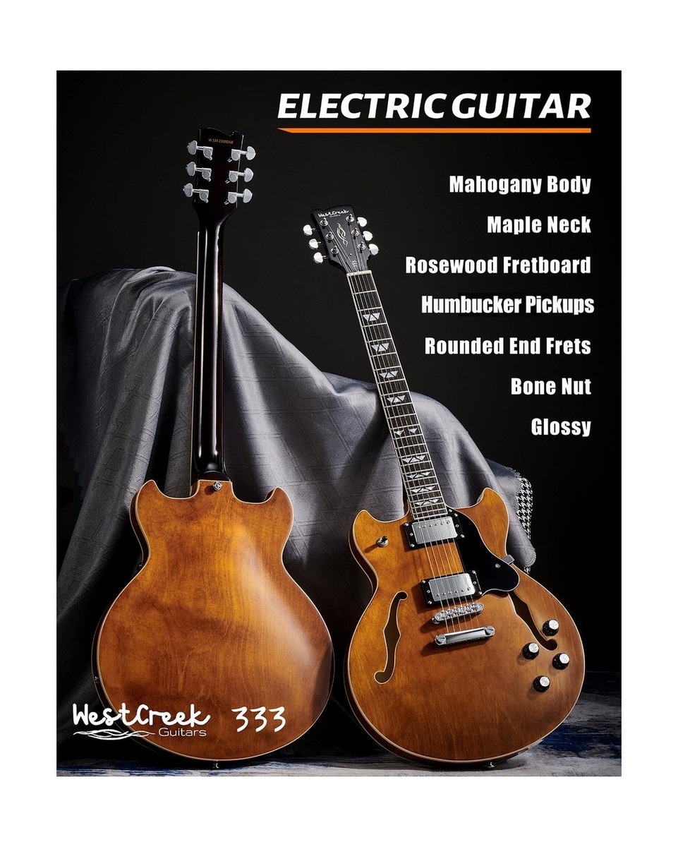 WestCreek 333 Electric Guitar with 6 String, Semi Hollow Body Jazz