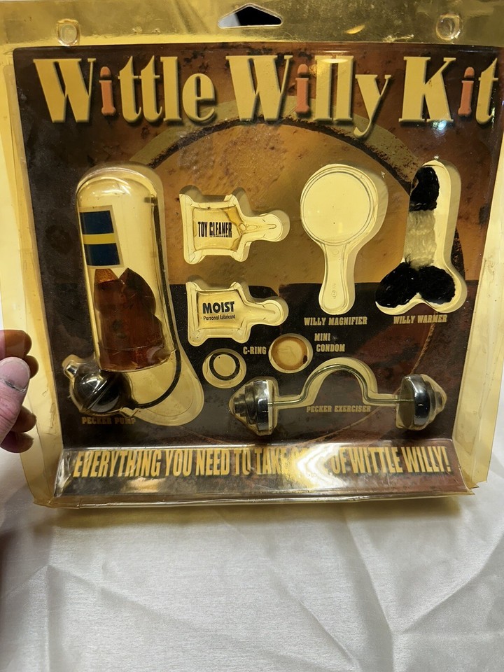 A deadpan vintage 'Wittle Willy Kit' novelty grooming set — the kind of absurd mid-century stag party artifact that belongs in a man cave display case.