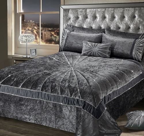 Crushed Velvet Premium Bedding Collection Charcoal Dark Grey Diamante Starburst - 第 1/16 張圖片