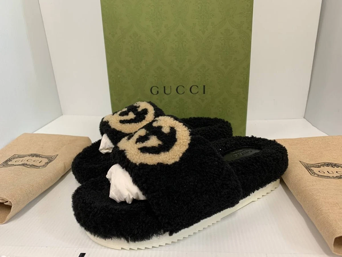 GUCCI black beige EILEEN TEDDY SHEARLING Slides Sandals Shoes