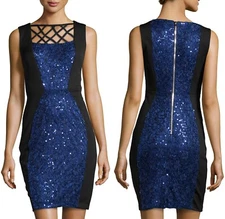  JAX Neoprene Lapis Blue Sequin w/Black Panel Stretch Scuba Cocktail Dress $198