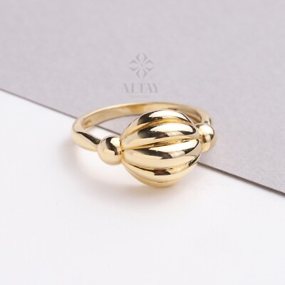 14K Gold Croissant Ring, Kuppel Twist Ring, großer Blasenring, kräftiger gerippter Ring
