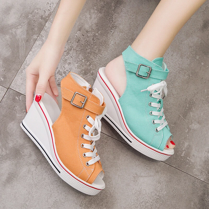 shampoo viel Netjes Peep Toe Wedge Heel Canvas Sneakers Height Increasing Flats Green Women  Shoes 43 | eBay