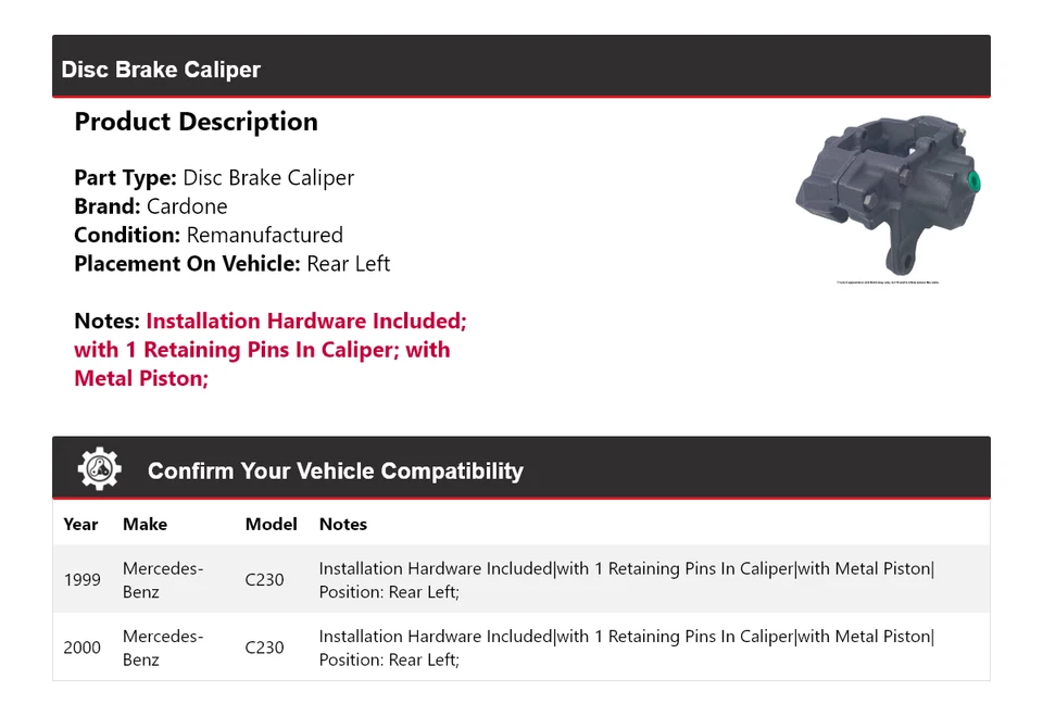 Pinza de freno de disco trasera izquierda cardona para Mercedes-Benz C230 1999-2000 Foto 2 de 4