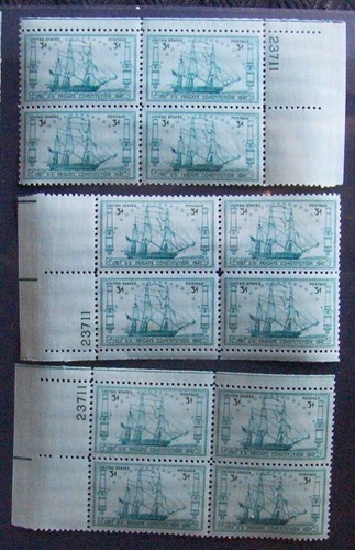 US 3¢ stamp SC #951 Frigate Constitution MNH 3 plate blocks with matching number - 第 1/1 張圖片