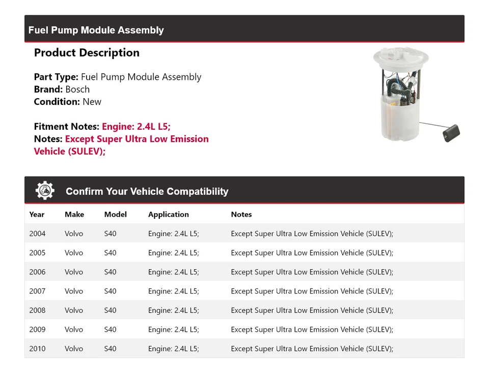 For 2004-2010 Volvo S40 2.4L L5 Bosch Fuel Pump Module Assembly 2005 2006 2007 - Image 2 of 4
