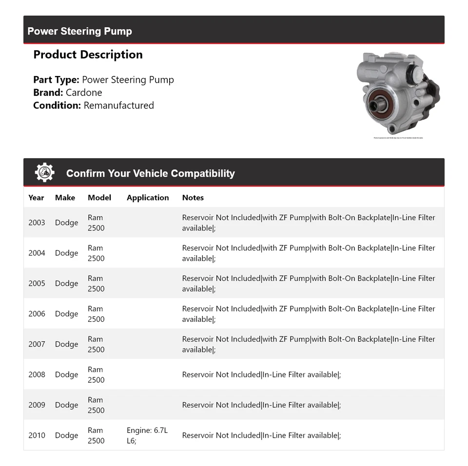 Bomba de dirección asistida Cardone para Dodge Ram 2500 2003-2010 2004 2005 2006 2007 Foto 2 de 4