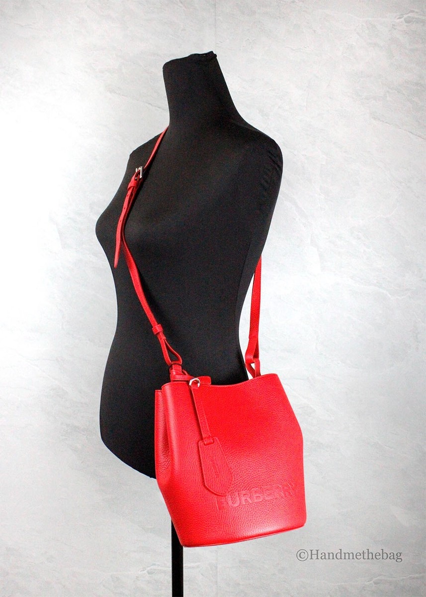 Burberry Lorne Small Red Pebbled Leather Bucket Crossbody Purse