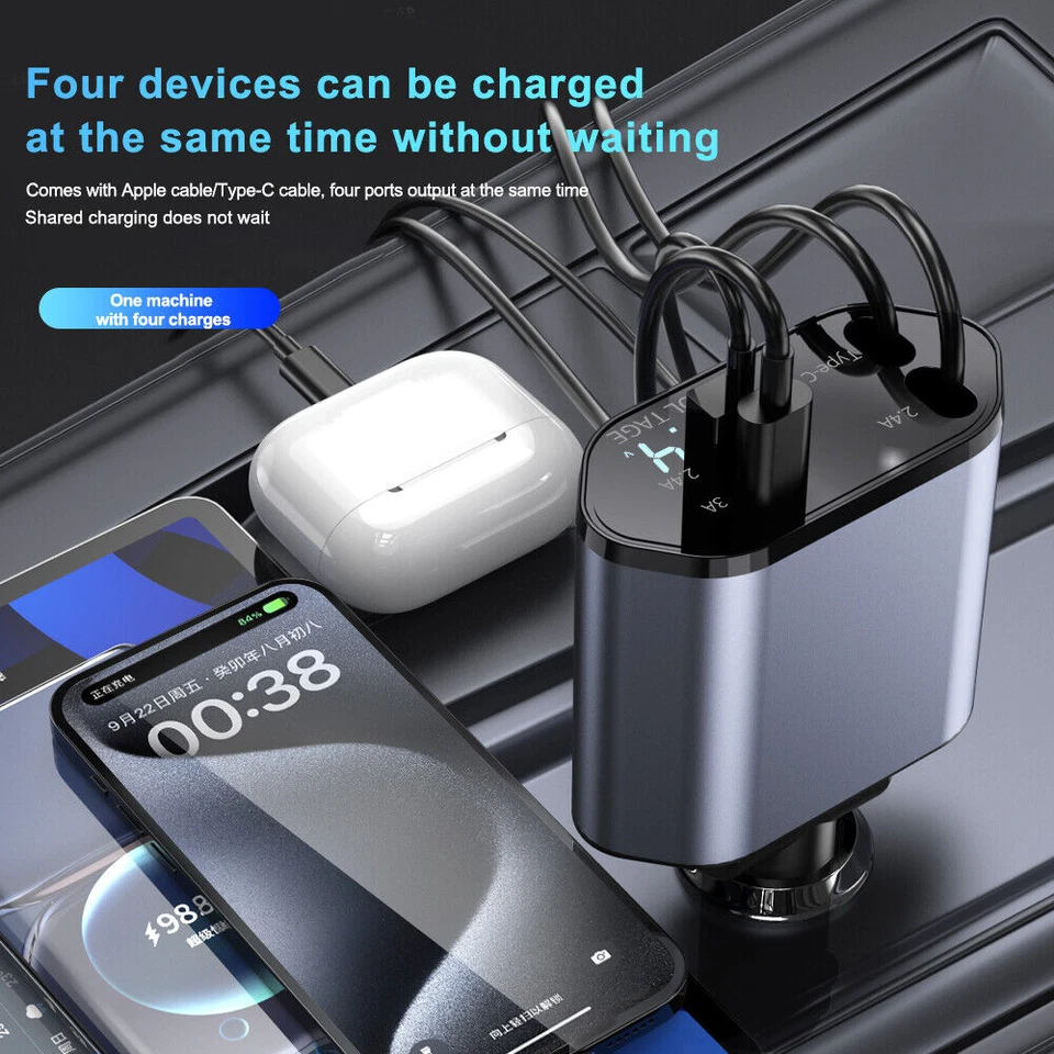 Retractable Car Charger 4in1 Fast Car Phone 16 Charger 120W USB Type C Cable lot - Image 4 of 4