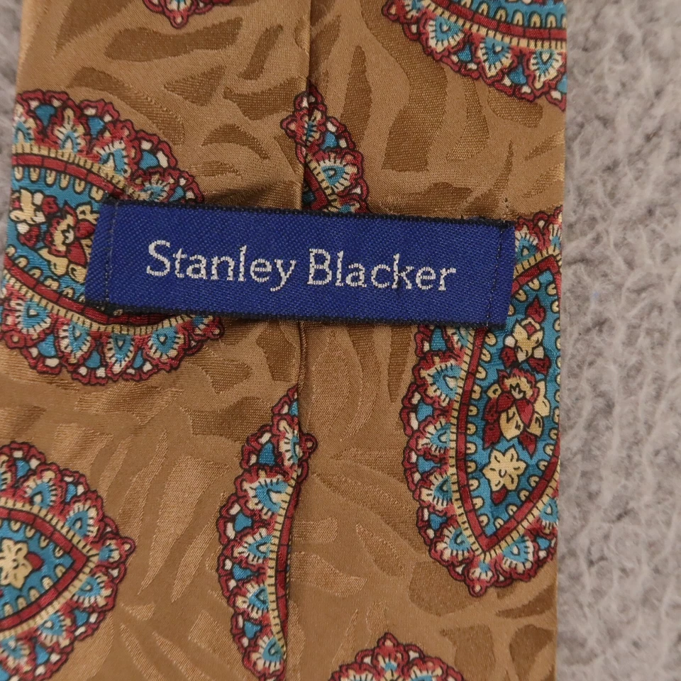 Corbata Stanley Blacker dorada azul rojo cachemira seda hecha a mano EE. UU. Italia 3,75" Foto 4 de 4