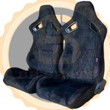 BB6 RS Black Suede Alcantara Red Diamond Stitch Reclining Bucket Seats x2 E36