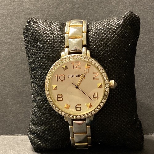 Steve Madden Ladies Wrist Watch Rhinestone Face White Gold Tone Stainless Steel - 第 1/10 張圖片