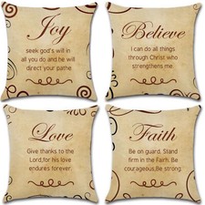 Set of 4 Pillow Covers 18x18, Joy, Believe, Love Quotes Style Linen Fabric
