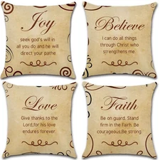 Set of 4 Pillow Covers 18x18, Joy, Believe, Love Quotes Style Linen Fabric