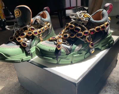 GUCCI Flashtrek SEGA Green Purple Swarovski Crystal Mens Leather