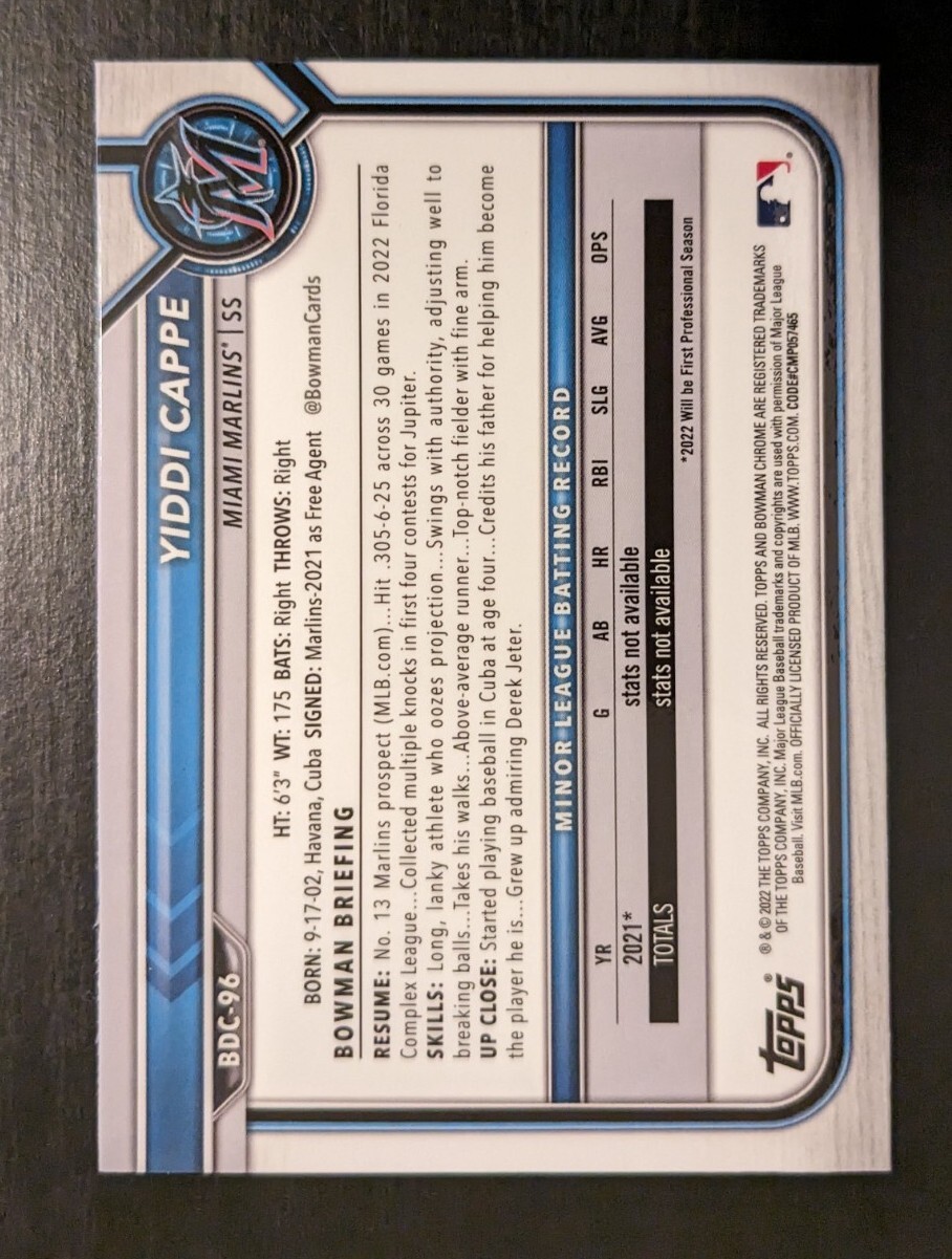 2022 Bowman Chrome Draft Sapphire Edition Yiddi Cappe BDC96 eBay