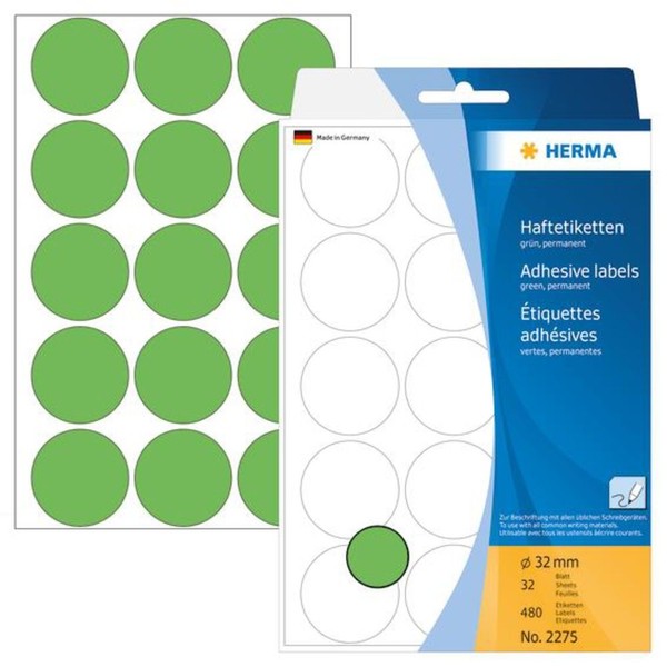 Herma 2275 Vielzwecketiketten Farbpunkte 32Mm Rund Papier Matt 480 StüCk GrüN-image