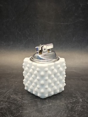 Vintage Fenton White Milk Glass Hobnail Style Chrome Table Top Lighter 3'' 