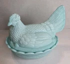 Vintage Light Blue Slag Milk Glass Hen on Nest Candy Dish Basketweave