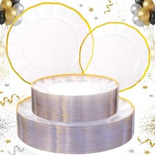 60Pcs Clear and Gold Plastic Plates,Clear Disposable Plate With Gold Rim,Heav...