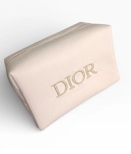 Dior Beauty Beige Pouch Cosmetic Case Bag Travel Embroidered Logo Gold Makeup