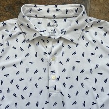 Johnnie O Mens WHITE Polo Shirt Blue Surfboard Print Logo Performance Golf XL