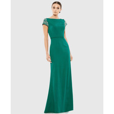 Mac Duggal Bateau Neck Embellished Cap Sleeve Gown 14 Green Long Dress Formal