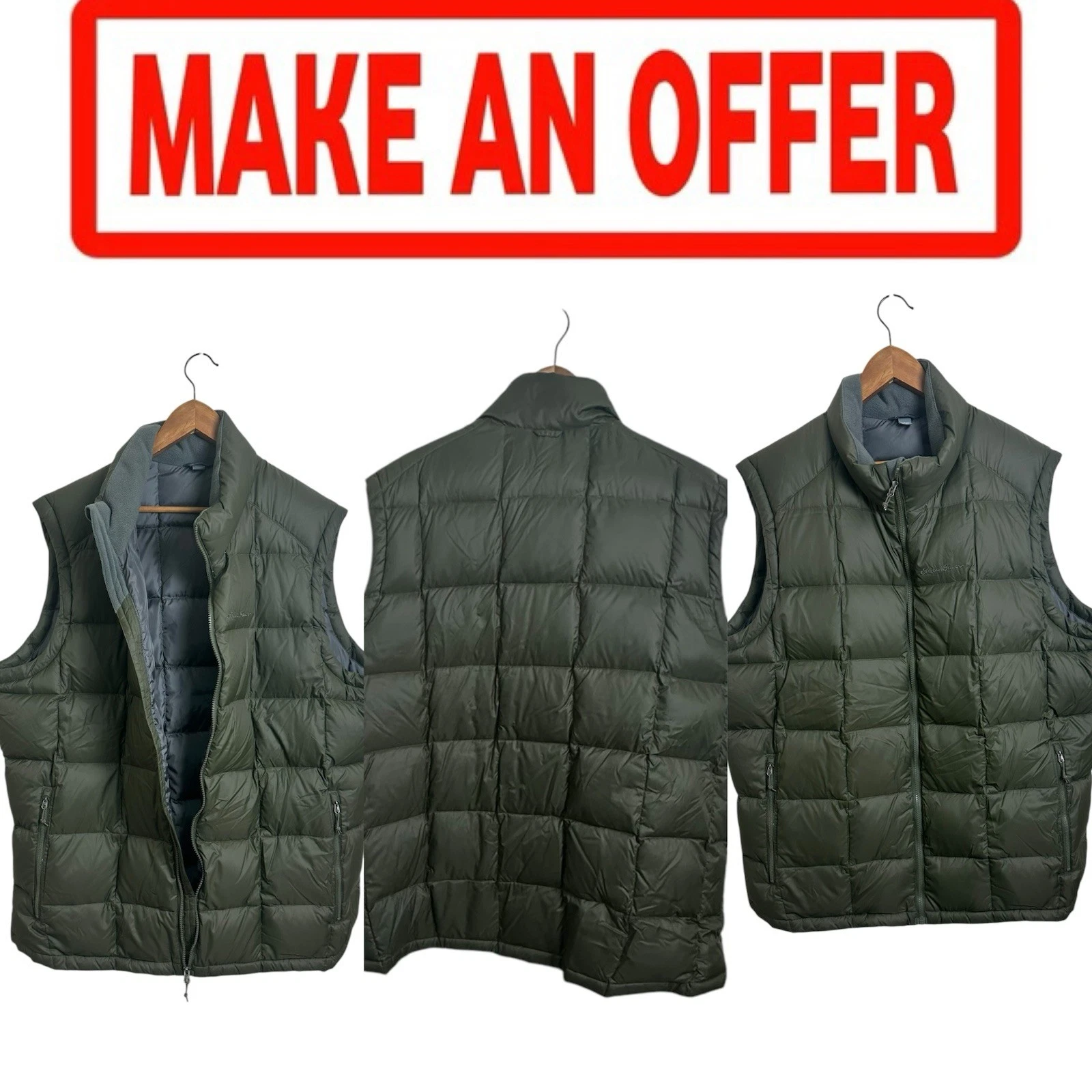 🔥🔥Eddie Bauer Lightweight Goose Down Puffer Vest Green Zipper Mens T2XL 0147
