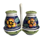 Deruta Italian Salt and Pepper Shakers Caddy Set Flowers and Fruit