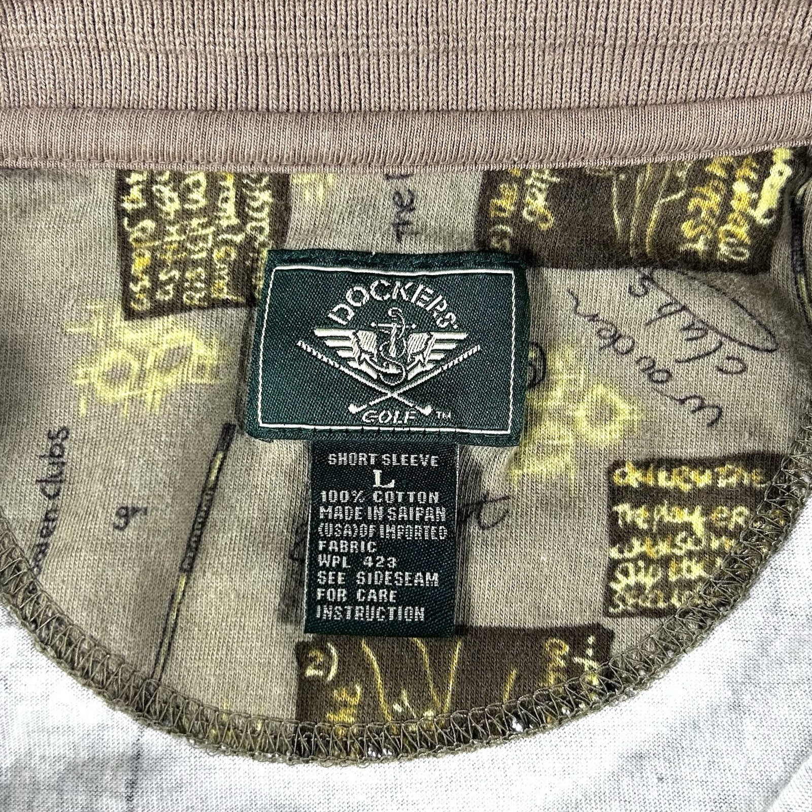 VTG 90s Dockers Golf Men’s L Brown Equipment Tech AOP Short Sleeve Polo Shirt image 3