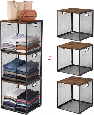 3 Pack Stackable Closet Organizers with Wood Top for Space Saving Storage