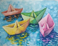 Origami Boats Watercolor By Mayte Sosa 9x12 . Original Signed