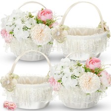 4 Pcs Wedding Flower Girl Baskets with Satin Handle, White Lace Satin Pearls ...