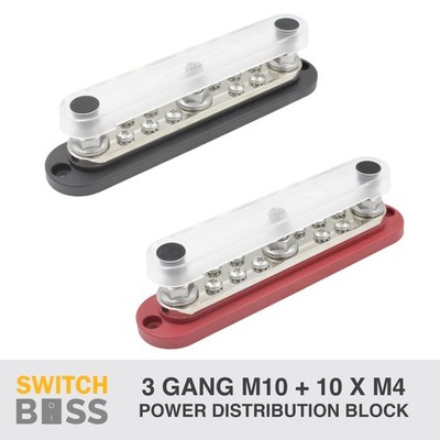 3 GANG M10 10xM4 Power Distribution Block Bus Bar Terminal Post Black Red Set