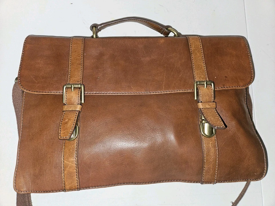 Fossil Leather Messenger Laptop Crossbody Bag Brown 16x10.5x3 - Image 3 of 4