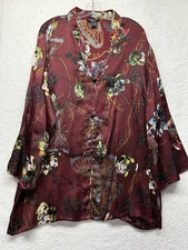 Citron Santa Monica Womens Size 2X Red Floral Printed Silk Button Up Top (U2)