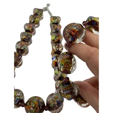 80s Murano Style Glass Bead Necklace & Bracelet Set Colorful Art Glass Jewelry