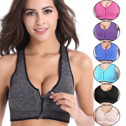 Women Padded Sports Bra Yoga Front Zip Fitness Workout Stretch Top Tank Wirefree - Picture 2 of 20