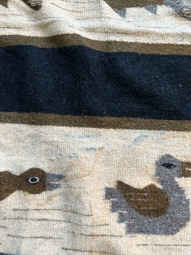 Vintage Heavy Wool Birds, Fish & Ducks Fringed Blanket/Rug About 5.5’x4’ - Picture 3 of 5