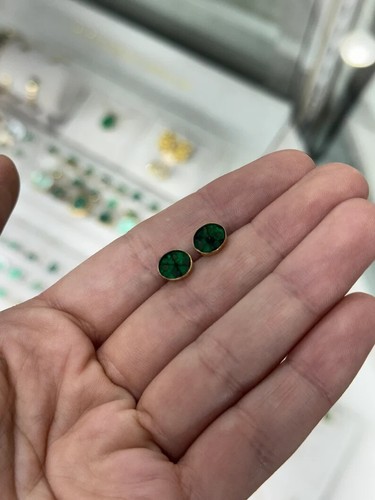 3.0tcw RARE Natural Colombian Emerald Muzo Oval Sliced Trapiche Earrings 18K - Picture 4 of 10