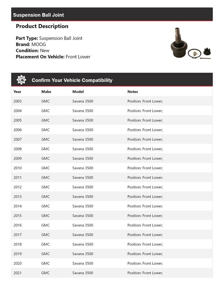 Rótula de suspensión delantera inferior MOOG 2003-2021 GMC Savana 3500 2003 2004 Foto 2 de 4
