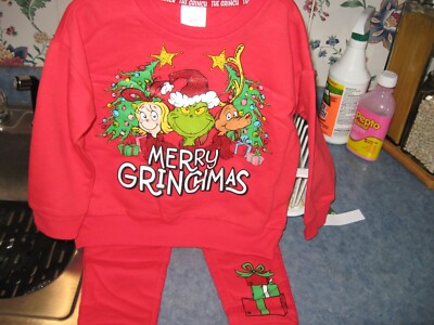 The Grinch 3T Sweat Suit Set Red Boy Or Girl top & bottoms Christmas Holiday New