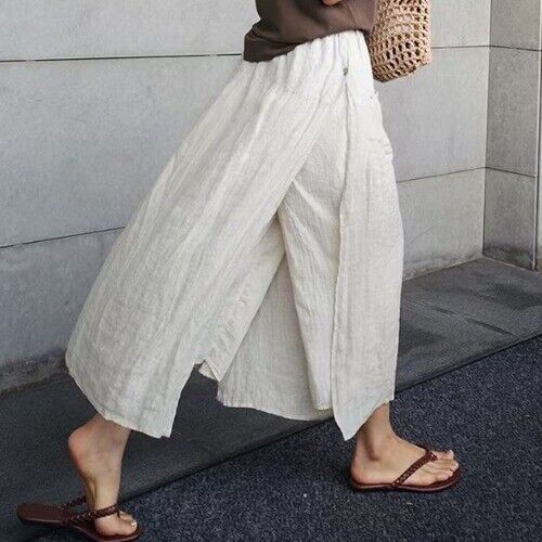 Womens Spring Summer Loose Casual Cropped Pants Linen Wide-leg Slit Trousers