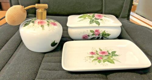 Bathroom Set with Roses, 3-Piece: Pump Bottle, Soap Bowl, Lid Box - Picture 1 of 5